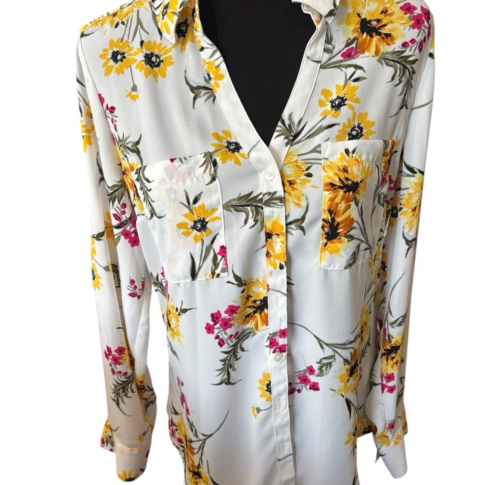 Express Women’s M Floral Button Front Blouse Office Career White/Yellow EUC